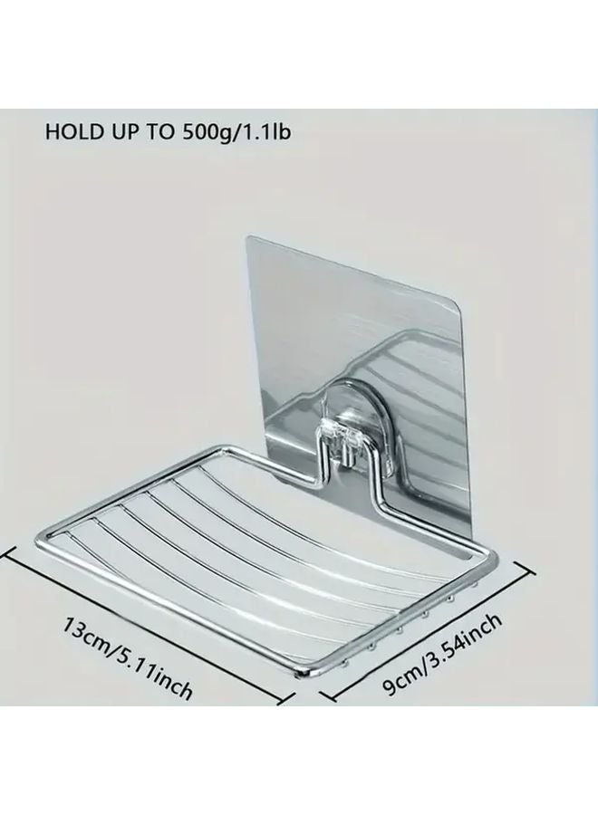 Stainless Steel Soap Holder Silvery Self Adhesive Wall Mounted Bathroom Storage Box With Drain Holes - Image 5